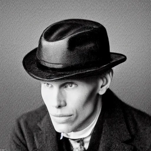 Image similar to A photograph portrait of Jerma985 wearing a homburg hat in the early 1920s, taken in the early 1920s, grainy, taken on a early 1900s Kodak Camera, realistic, hyperrealistic, very realistic, highly detailed, very detailed, extremely detailed, detailed, digital art, trending on artstation