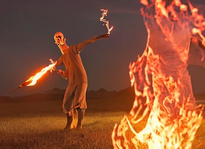 Image similar to squidward practicing firebending in an open field at susnset