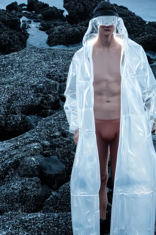 Image similar to an ultra high definition professional high fashion portrait studio full length photograph of a male model wearing a transparent pearlescent raincoat and neon visor planking in an icelandic black rock environment at dawn. no artefacts. extremely detailed. stark. refraction. shallow depth of field. volumetric light and shadow. ray tracing. light rays.