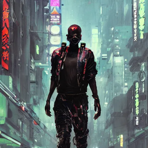 Image similar to a beautiful ukiyo painting of full body african cyberpunk blade runner, dramatic pose, wearing japanese techwear, detailed symmetrical, intricate complexity, concept art, by ismail inceoglu dragan bibin hans thoma greg rutkowski alexandros pyromallis nekro rene maritte illustrated, perfect face, fine details, realistic shaded, fine - face, pretty face