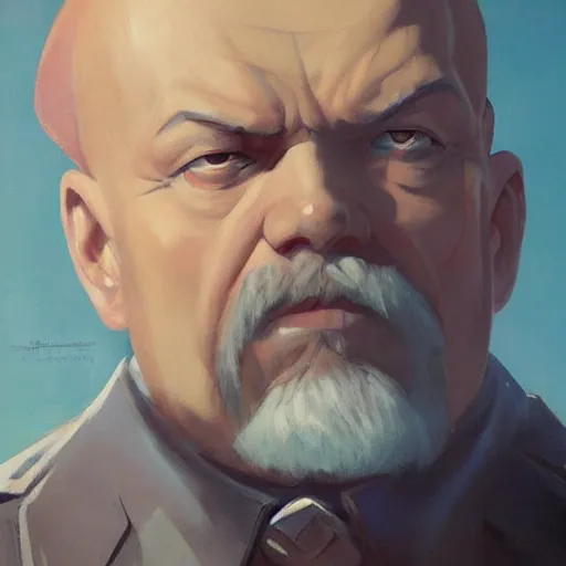 Prompt: greg manchess painting of vladimir lenin as an overwatch character, profile picture, matte painting, bold shapes, hard edges, street art, trending on artstation, by huang guangjian and gil elvgren and sachin teng