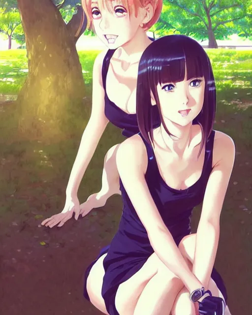 Image similar to cute girl wearing tank suit, dating in a park, room background | very very anime!!!, fine - face, audrey plaza, realistic shaded perfect face, fine details. anime. realistic shaded lighting poster by ilya kuvshinov katsuhiro otomo ghost, magali villeneuve, artgerm, jeremy lipkin and michael garmash and rob rey