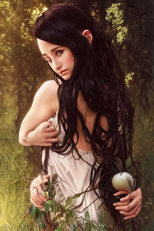 Image similar to beautiful cottagecore Ariana Grande holding a Black Onion, dark Hair, dark forest, intricate, elegant, highly detailed, digital painting, artstation, concept art, smooth, sharp, focus, illustration, art by artgerm and greg rutkowski and alphonse mucha