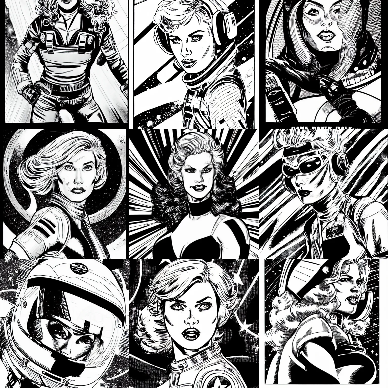 Prompt: a woman space pilot, blonde hair, marvel comics, retro, smooth, black and white, comic inks, crosshatching