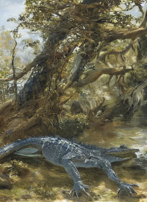 Image similar to artwork painting of florida alligators by eugene von guerard, ivan shishkin, john singer sargent