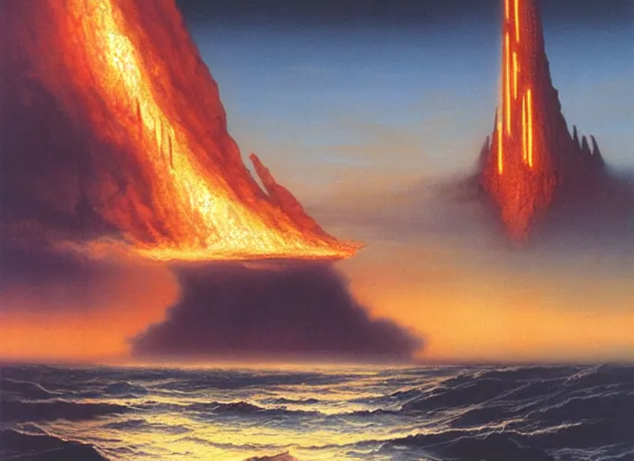 Prompt: a fire upon the deep, matte painting, peter elson