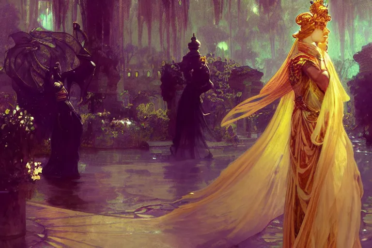 Prompt: a girl emperor being escorted by shadow guards wears long golden flowing robes, an ostentatious palace and garden are seen in the background. by jeremy mann and alphonse mucha, fantasy art, photo realistic, dynamic lighting, artstation, poster, volumetric lighting, highly detailed faces, 4 k, award winning