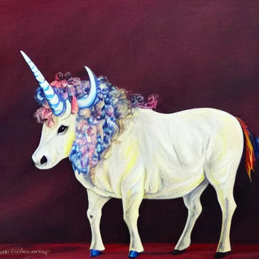 Image similar to A Bufficorn, a mythical animal which is half buffalo, half Unicorn. painting