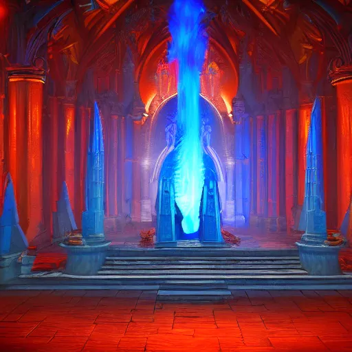 Image similar to A blazing and bright blue flame is worshipped at the center of a gothic temple by hooded cultists dressed in red at night; dark fantasy; trending on artstation