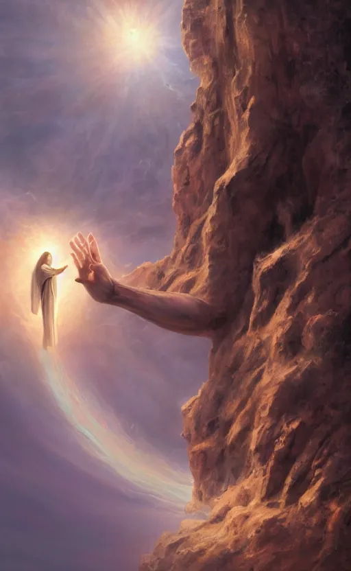 Image similar to jesus looking into a portal hopping and time warping with reckless abandon, the hand of God is reaching out, dramatic scene, masterpiece digital painting by Greg Rutkowski, Alex Grey, artstation, 4k wallpaper, pixar poster