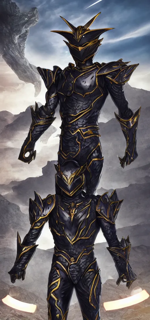 Image similar to High Fantasy Kamen Rider standing in a rock quarry, full body, 4k, glowing eyes, daytime, rubber suit, dark blue segmented armor, dragon inspired armor, centered