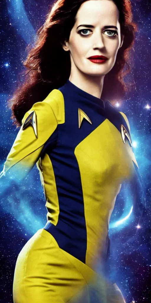 Image similar to a full body photograph of 3 0 year old eva green as a star fleet officer from star trek next generation, ultra rendered, extreme realism and detail, 8 k, highly detailed, realistic, completely framed, hyper realistic, colorful, direct lighting, 3 5 mm photo, photorealistic, sharp focus