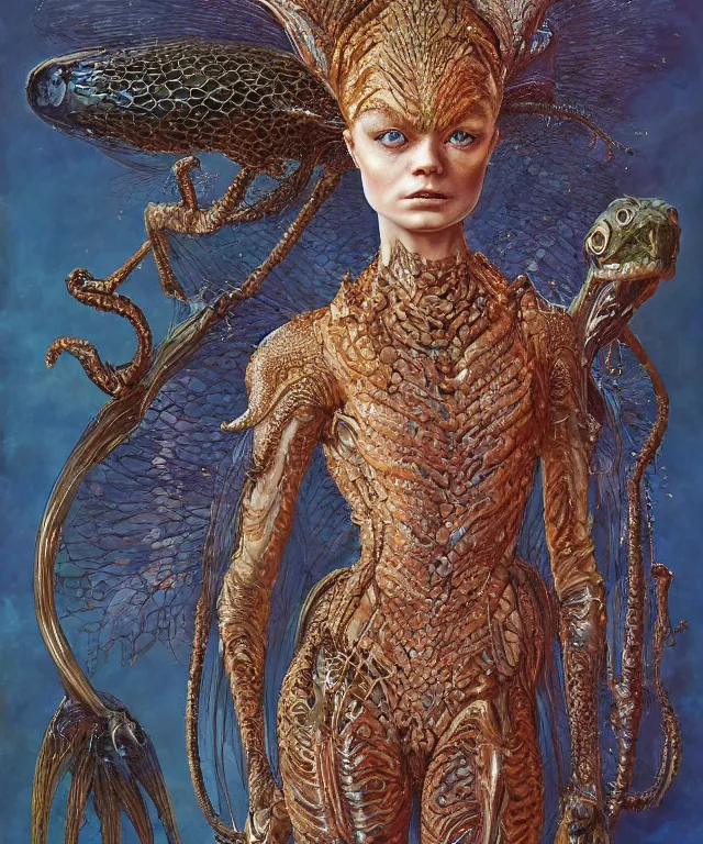Prompt: a portrait photograph of a fierce sadie sink as a strong alien harpy queen with amphibian skin. she trying on a glowing and fiery lace shiny metal slimy organic membrane parasite tactical suit and transforming into an evil insectoid snake bird. by donato giancola, walton ford, ernst haeckel, peter mohrbacher, hr giger. 8 k, cgsociety