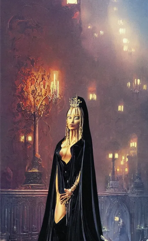 Image similar to an oil painting of a queen in a black funeral dresst, by bruce pennington