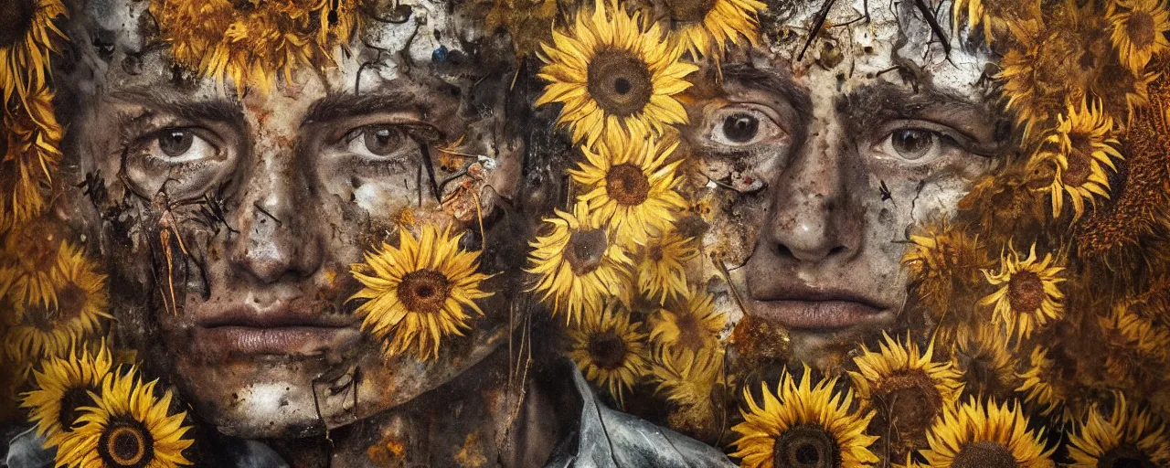 Image similar to a painting of a very ordinary person, by Anselm Kiefer, mixed media, rusted metal, sunflowers, anatomically correct, beautiful perfect face, sharp focus, Highly Detailed, Cinematic Lighting, octane render, volumetric lighting, post-production, 8k, HD