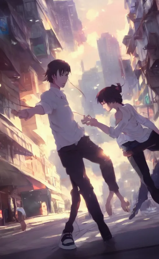 Image similar to a street fight, full shot, atmospheric lighting, detailed faces, by makoto shinkai, stanley artgerm lau, wlop, rossdraws