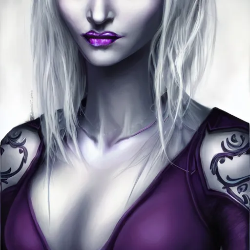 Prompt: portrait of a female fantasy drow, dark elf, with large blue eyes, dark purple skin, and medium-length silver hair, realistic, d&d character art