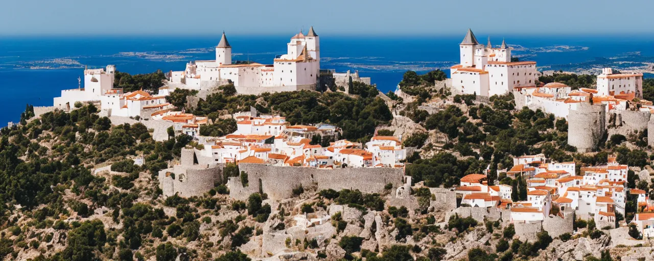 Prompt: 35mm photo of the Spanish castle of Salobrena on the top of a large rocky hill overlooking a white Mediterranean town, white buildings with red roofs, small square white buildings, ocean and sky by June Sun