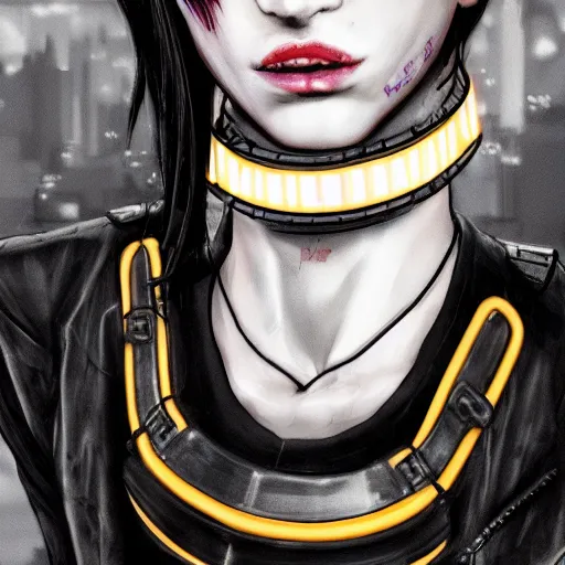 Image similar to detailed realistic cyberpunk female character cyberpunk wearing large steel collar around neck, realistic, art, beautiful, 4K, collar, choker, collar around neck, punk, artstation, detailed, female, woman, choker, cyberpunk, neon, punk, collar, choker, collar around neck, thick collar, choker around neck, wearing choker, wearing collar, bright neon punk hair, collar, choker,