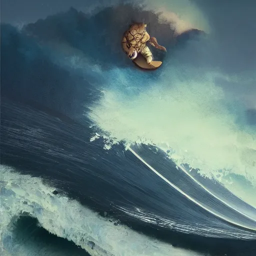 Prompt: A mixed media painting of cat surfing big waves, by Frank Frazetta, Greg Rutkowski, Beeple, kawaii, post-processing, low angle, masterpiece, cinematic, isometric, volumetric lighting