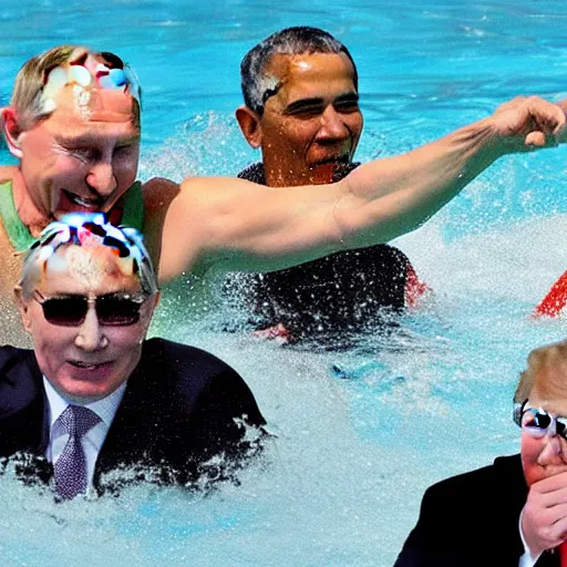 Image similar to putin, trump, obama and bush are swimming while having a water fight while smiling and having a great time