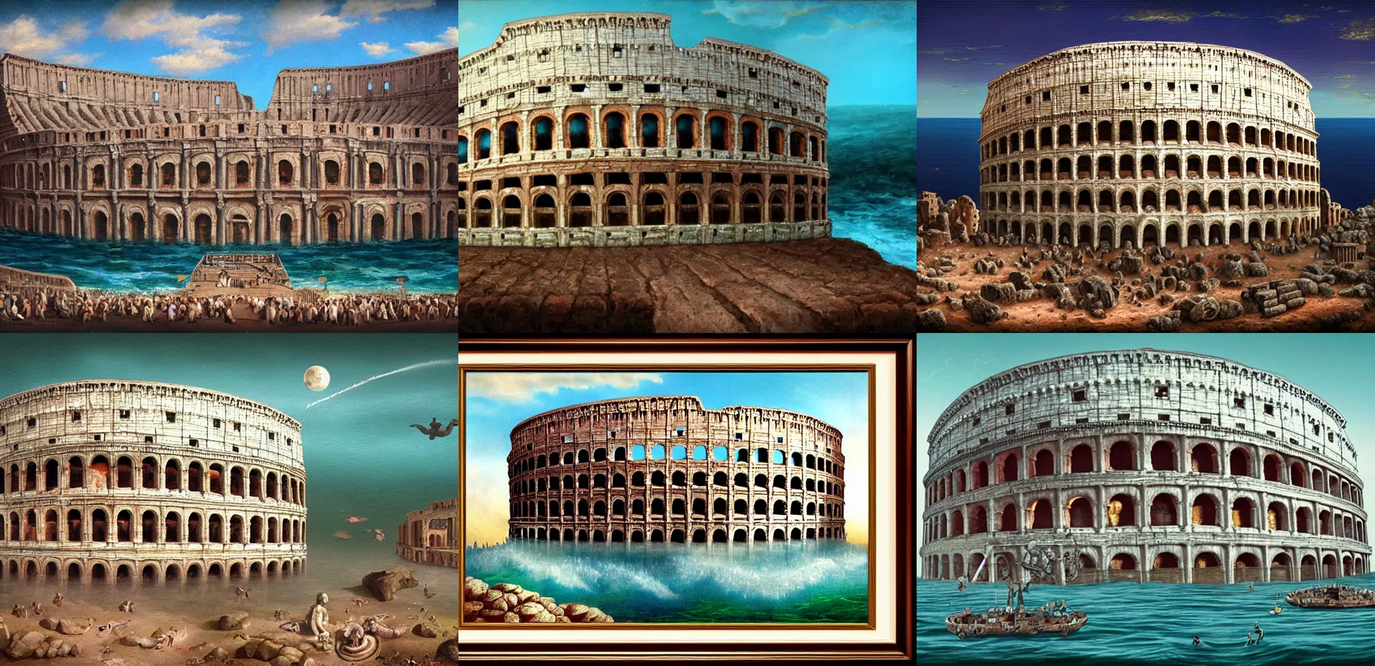 Prompt: colosseum sinking in ocean, lowbrow, matte painting, 3 - d highly detailed, in the style of mark ryden