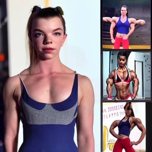 Prompt: anya taylor - joy bodybuilder fitness steroid muscular vascular jacked physique