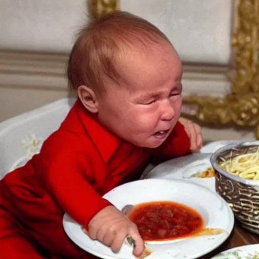 Prompt: Photo of Putin as a fussy crying baby in a high chair tangled up in spaghettis and red sauce