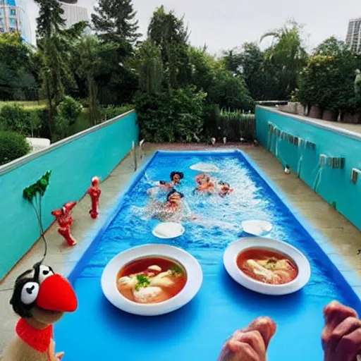 Image similar to a swimming pool filled with noodle soup! with muppets