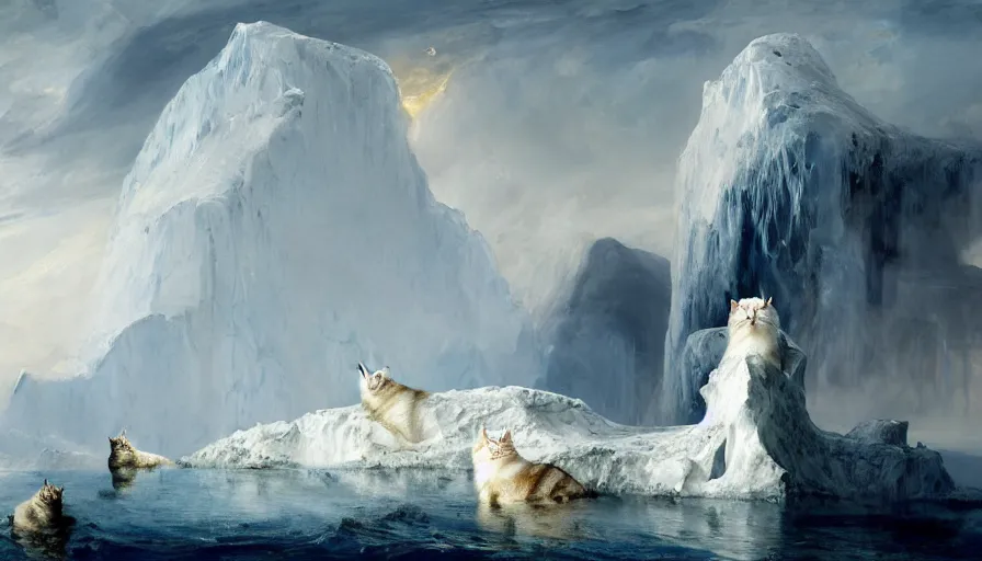 Image similar to highly detailed painting of white giant griffon cat seals on a blue and white iceberg by william turner, by greg rutkowski, by william constable, thick brush strokes and visible paint layers, 4 k resolution