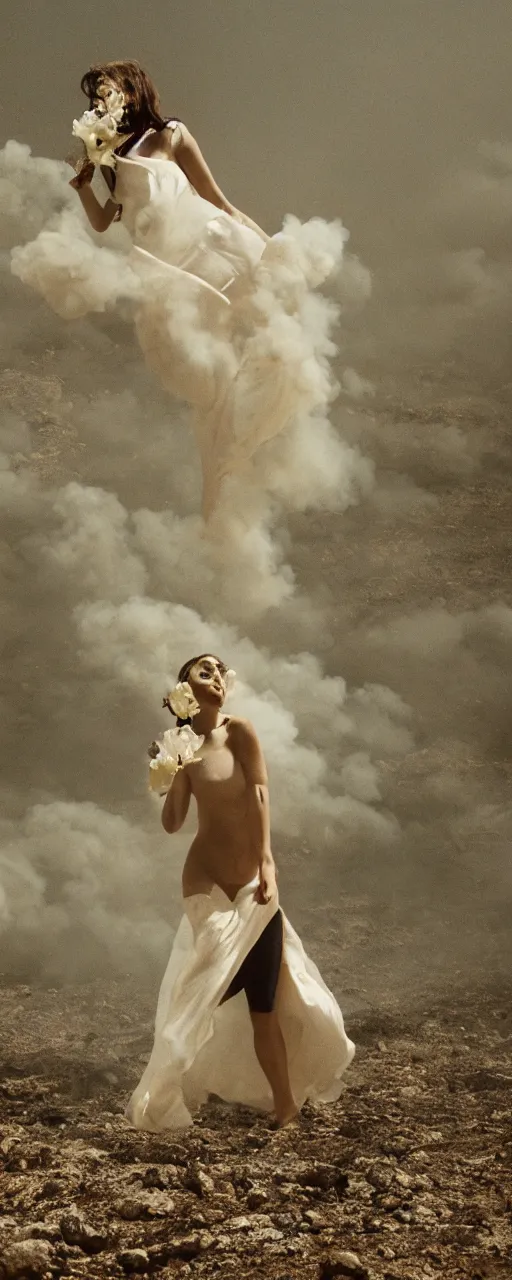 Image similar to The full body shot of beautiful pale woman with white flowers and full-face golden mask inside a thick black smoke in rocky desert landscape, glowing eyes everywhere, burning earth by Gaspar Noe and Christopher Doyle, anamorphic lens, anamorphic lens flares, kodakchrome, cinematic composition, practical effects, award winning photo, 8k