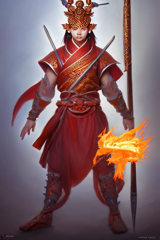 Image similar to cute nezha, highly detailed, man holding spear, flame everywhere, epic pose, masterpiece chinese fantasy character portrait, highly detailed, digital painting, trending on artstation, concept art, sharp focus, illustration, global illumination, ray tracing, realistic shaded, art by artgerm and greg rutkowski and fuji choko and viktoria gavrilenko and hoang lap