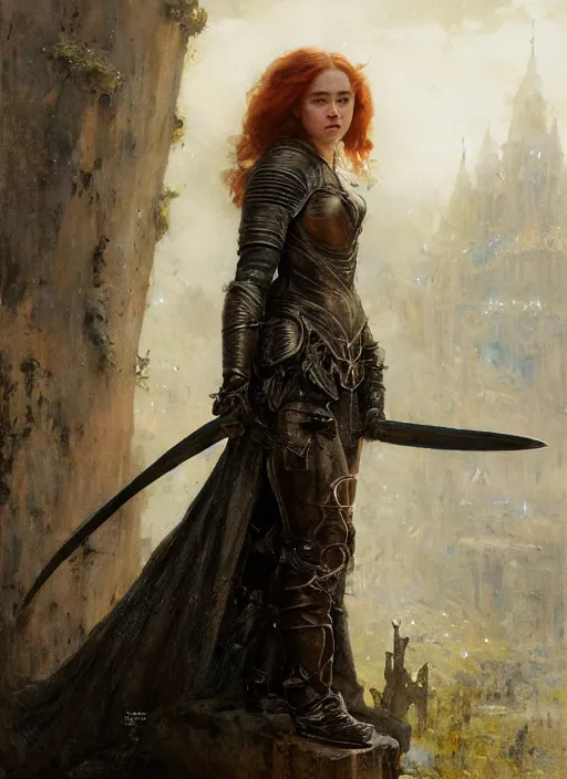 Image similar to young beautiful mischievous redhead emilia clarke wearing full body black medieval armour, detailed, by gaston bussiere, bayard wu, greg rutkowski, giger, maxim verehin, greg rutkowski, masterpiece, sharp focus, cinematic lightning