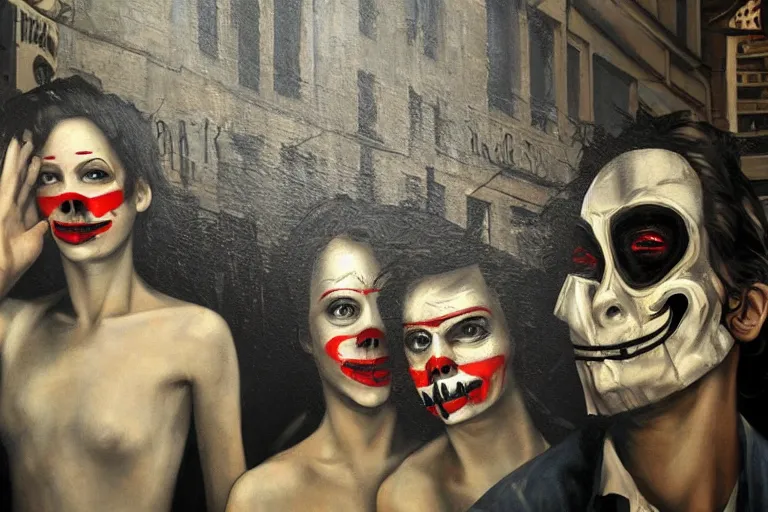 Image similar to the night of the purge, street art, highly detailed, 8 k resolution, art by caravaggio, modern art