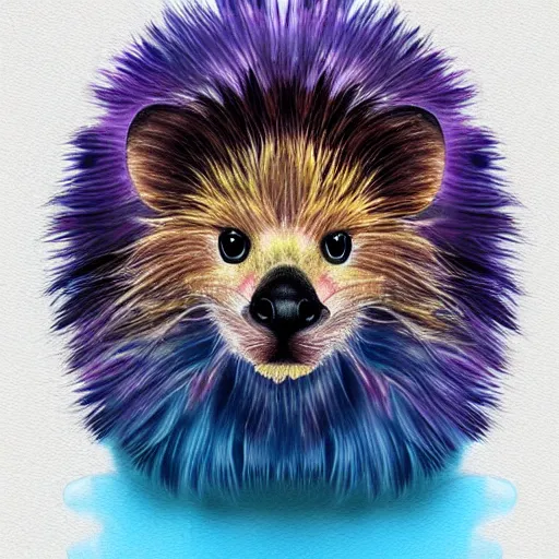 Image similar to cute fluffy baby hedgehog with long colorful flowing lion mane with mohawk hairstyle hybrid animal detailed painting 4 k