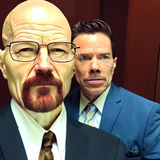 Image similar to walter white doing a selfie with phoenix wright, realistic, cool, nice, beautiful