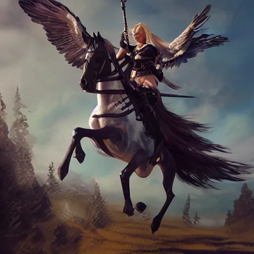 Prompt: a beautiful Valkyrie riding a horse into Valhalla, highly detailed, Deviantart, artstation, trending,