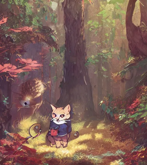 Image similar to character portrait of the anthro anthropomorphic cat head animal person fursona wearing clothes standing in the bright forest, hidari, color page, tankoban, 4 k, tone mapping, akihiko yoshida