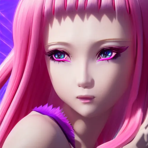 Image similar to stunningly beautiful omnipotent megalomaniacal anime goddess with porcelain skin, pink twintail hair and mesmerizing cyan eyes, symmetrical perfect face smiling in a mischievous, devious and haughty way while looking down upon the viewer, mid view, hyperdetailed, 2 d, unreal engine 5, 8 k