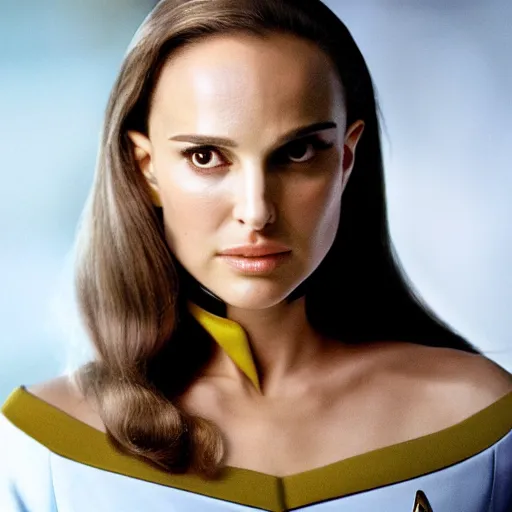 Image similar to Natalie Portman in Star Trek, (EOS 5DS R, ISO100, f/8, 1/125, 84mm, postprocessed, crisp face, facial features)