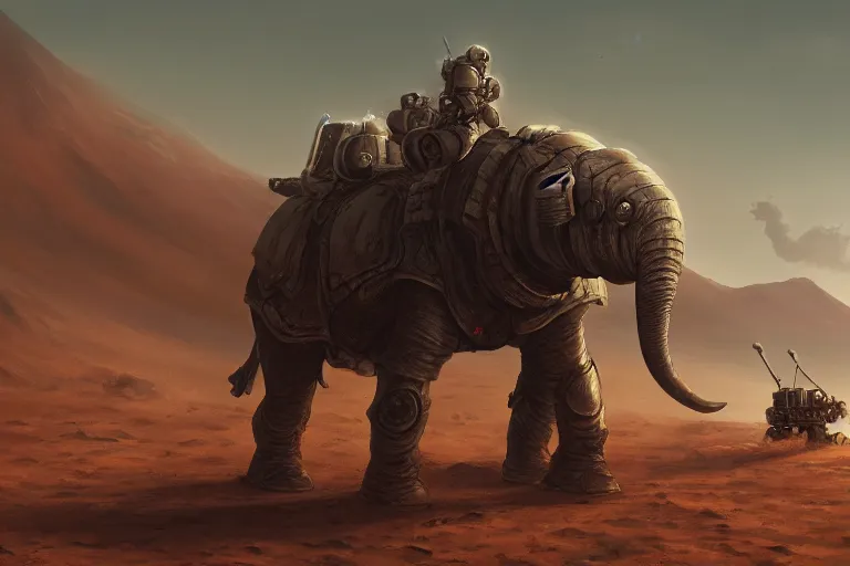 Prompt: an armored battle elephant on Mars, sci-fi art, oil painting, trending on artstation, 4k, high quality