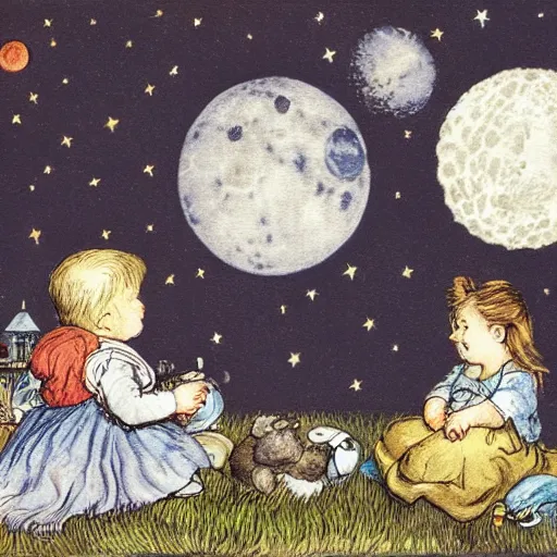 Prompt: celestial talking moon candid portrait, surrounded by clouds, illustrated by peggy fortnum and beatrix potter and sir john tenniel