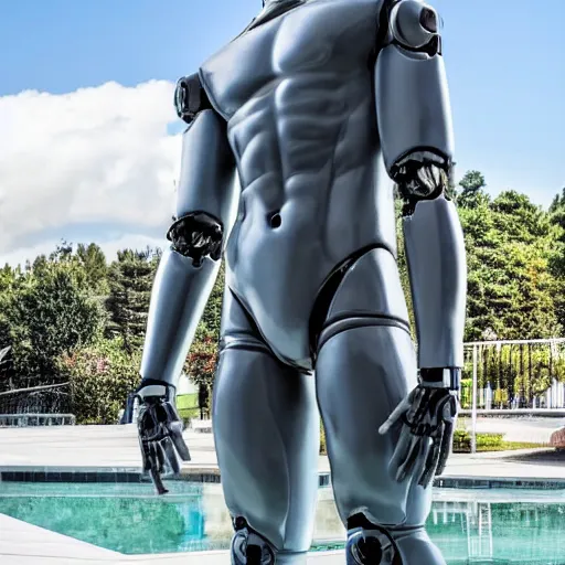 Image similar to a realistic detailed photo of a guy who is an attractive humanoid who is half robot and half humanoid, who is a male android, wrestler aj ferrari, shiny skin, posing like a statue, blank stare, by the pool, on display, showing off his muscles, humanoid robot, frozen ice statue