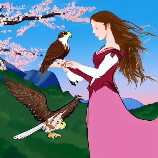 Image similar to a celtic woman falconer catching a white falcon on her arm. behind her are pink mountains, puffy clouds, and cherry blossoms blowing in the wind. concept art.