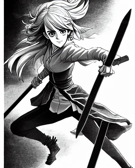 Image similar to a very detailed pencil drawing of emma watson in demon slayer manga panel, action lines, on rooftop, back light, sword slash, high resolution, dynamic pose, landscape, full body, action, sword, hyper realistic, manga, koyoharu gotouge, sakuga