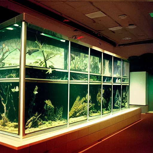 Image similar to spooky creepy liminal space, display case, aquatic exhibition science museum, dried aquarium, computer screens, photo taken on 1 9 8 0 s fujifilm superia