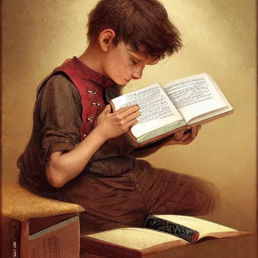 Image similar to 1830s young boy trying to read a book, highly detailed, digital painting, artstation, concept art, art by artgerm and Johfra Bosschart