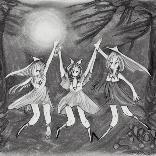 Image similar to three witches dancing while flying by a campfire in the middle of a gloomy forest, painted with gray and warm tones cute anime