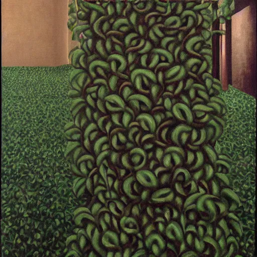 Image similar to portrait an artist in her apartment, wrapped in vines, black walls, puddles, moss, stone, acrylic on canvas, by magritte and monet