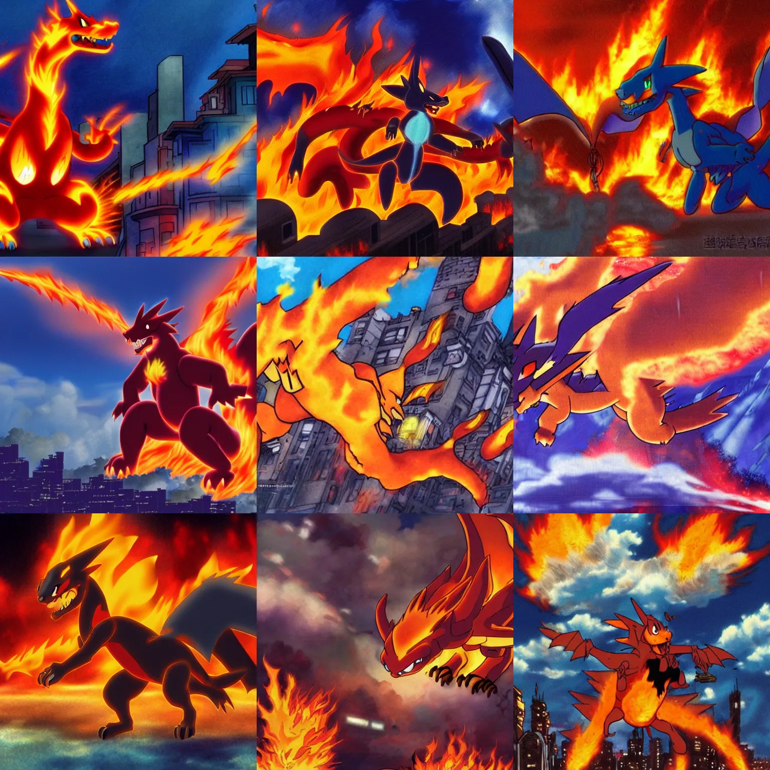 Prompt: charizard burning down a city, artwork, anime, studio Ghibli movie still